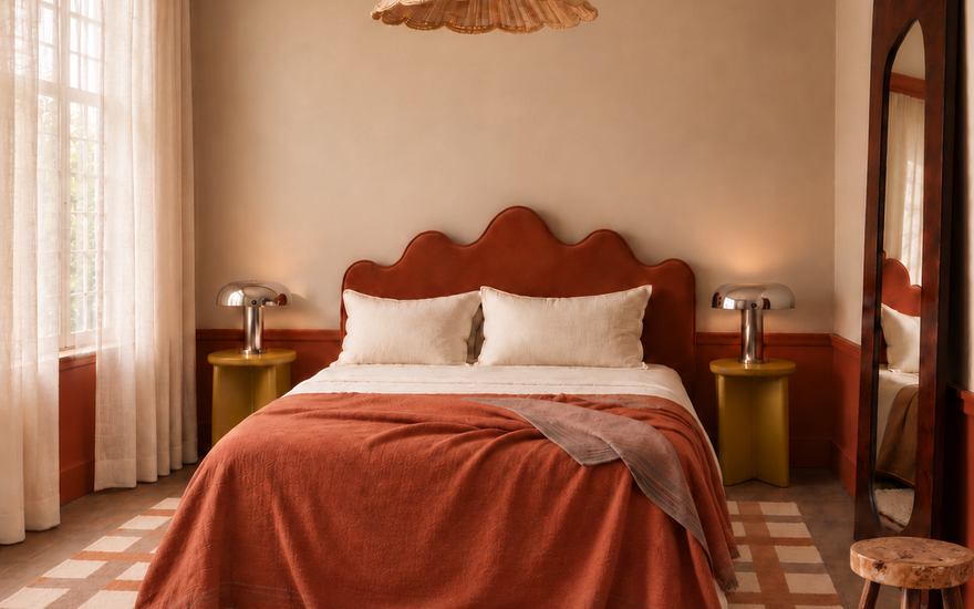 Habitación de hotel con productos de Matuta Home y taburete rústico de castaño