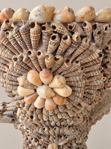Primer plano de las conchas y el motivo floral del jarrón vintage francés