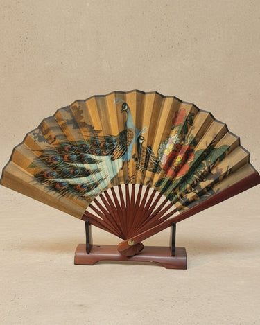 Abanico vintage decorativo oriental pintado a mano con soporte