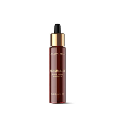Aceite íntimo Sensuality de Alqvimia de 5 ml, en frasco con cuentagotas sobre fondo blanco.