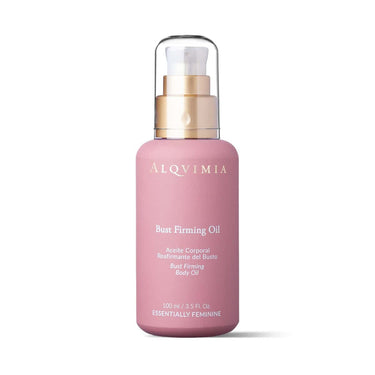 Aceite corporal Bust Firming de Alqvimia de 100 ml, en envase rosa con dosificador sobre fondo blanco.