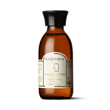 Aceite corporal Reafirmante de Tejidos de Alqvimia de 150 ml, en frasco ámbar sobre fondo blanco.