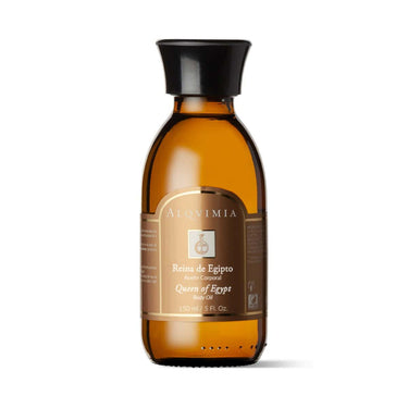 Aceite corporal de incienso y mirra de ALQVIMIA: frasco ámbar con tapón negro, sobre fondo blanco.