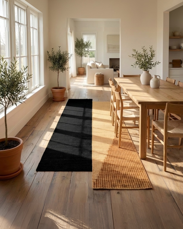 Alfombras de junco marino negra y ocre junto al comedor