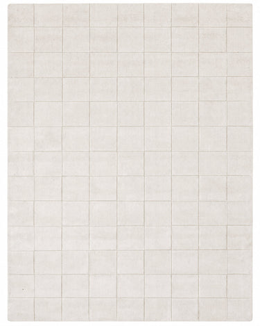 White wool rug with a raised check pattern by Linie Design, full view of the check pattern