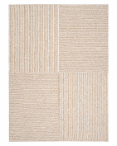 White wool and linen rug with a geometric weave by Linie Design, full view of the pale rug
