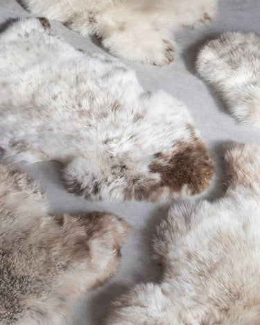 Alfombra irregular de piel de oveja Texel moteada natural de Van Buren, conjunto de pieles moteadas vistas de cerca
