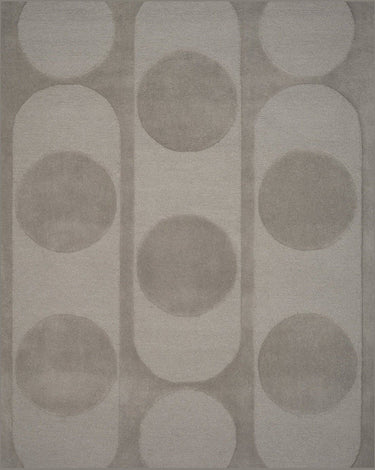 Alfombra de lana gris con círculos en relieve Orb Alliance de Linie Design, detalle de los motivos geométricos