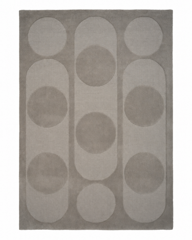 Alfombra de lana gris con círculos en relieve Orb Alliance de Linie Design, vista completa del dibujo de círculos y óvalos