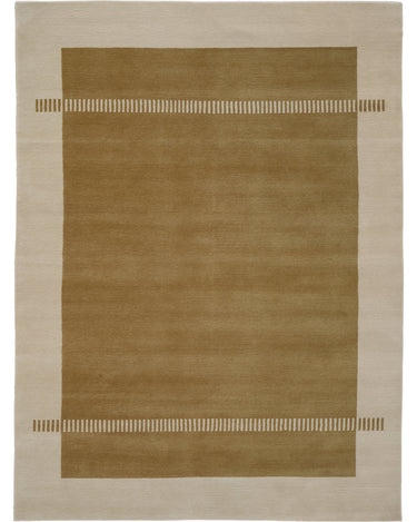 Alfombra de lana ocre con dibujo geométrico de Linie Design: vista completa sobre fondo claro.