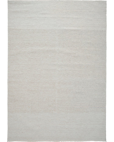 Alfombra de lino beige con extremos en contraste de Linie Design: vista completa sobre fondo claro.