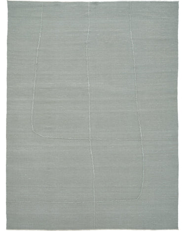 Alfombra de lino gris menta con líneas orgánicas de Linie Design: vista completa sobre fondo claro.
