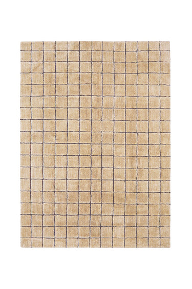 Alfombra rectangular de lana ámbar con patrón geométrico vista completa