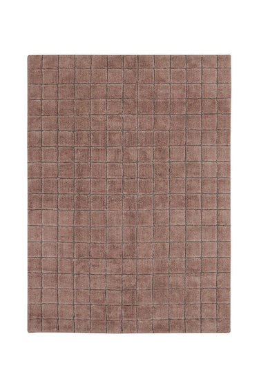 Alfombra rectangular de lana rosa cuarzo con diseño geométrico vista completa