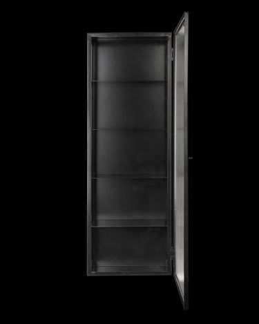 Armario de baño negro con la puerta abierta