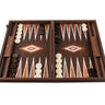 Backgammon de raíz de nogal con detalles nacarados de Manopoulos: backgammon abierto oscuro con puntas claras nacaradas, fichas y dados.