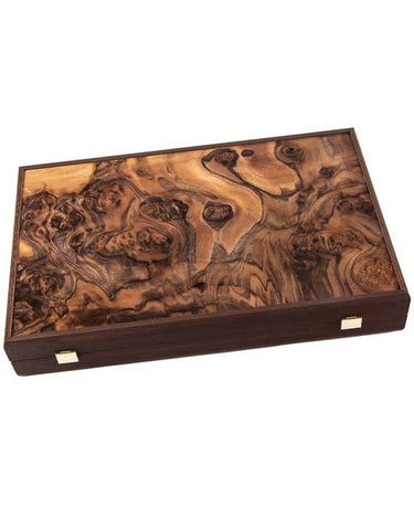 Backgammon de Manopoulos: estuche cerrado con veta de raíz y cierres dorados.