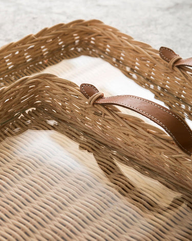 Rectangular natural rattan tray with tempered glass