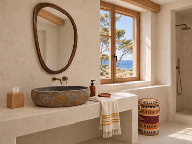 Caja cuadrada para pañuelos de madera de sauce en el baño mediterráneo de Matuta Home, con lavabo de piedra, cesta granate y fouta junto al lavabo.