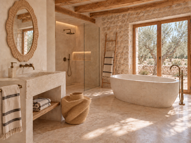 Baño de inspiración mediterránea con escalera MOTIF, toallas beige a rayas, espejo de ratán ondulado y cesta Bolga de fibras naturales.