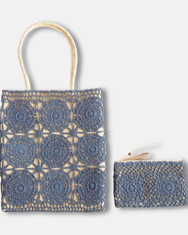 Bolso de macramé azul grisáceo con monedero
