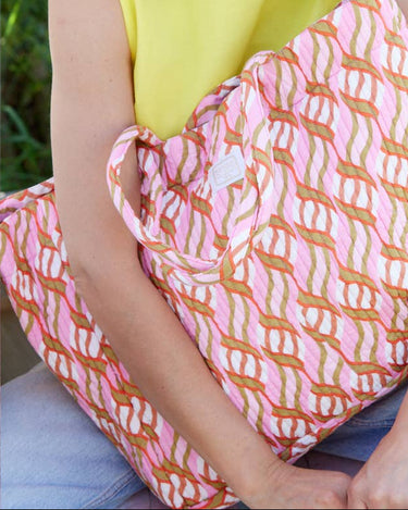 Bolso tote de popelina de algodón block print rosa 45 x 36 cm Bonheur du Jour