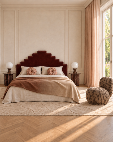 Cabecero Matuta Design burdeos en un dormitorio con mesitas de mármol y textiles claros