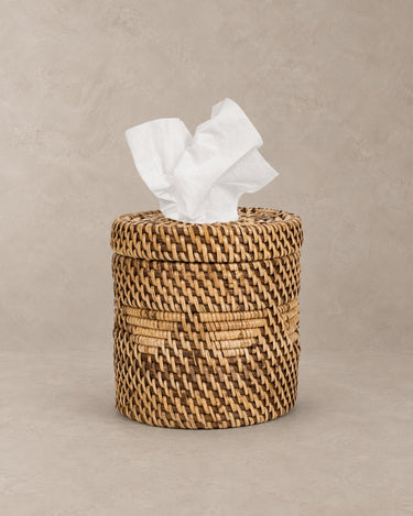 Woven natural rattan tissue box by Bazar Bizar in a bathroom