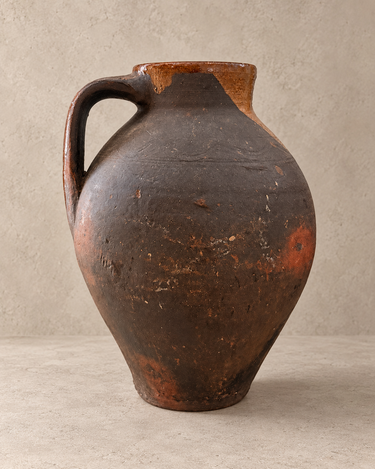Cántaro de barro oscuro con cuello ocre vintage sobre fondo topo claro