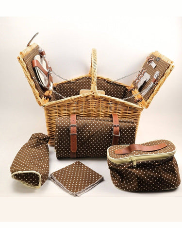 Cesta de picnic artesanal en mimbre natural con vajilla completa para 2 personas