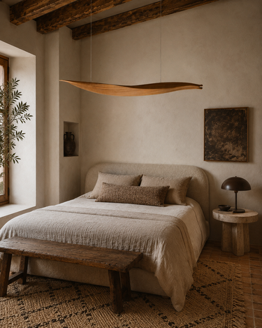 Lámpara de techo escultórica Clapppp en dormitorio de tonos naturales