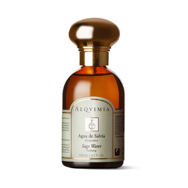 Agua de Salvia Depurativa de Alqvimia de 100 ml, en frasco ámbar con tapón dorado sobre fondo blanco.
