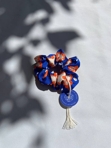 Coletero de House of Scrunchies: coletero junto a sombras de plantas, modelo azul y naranja