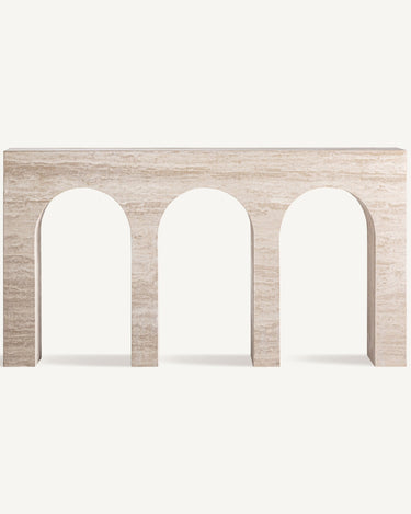 Detalles de consolas de travertino beige de Vical, vista vertical frontal
