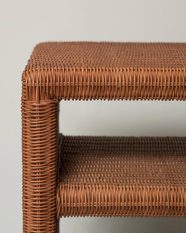 Handcrafted brown rattan console for an entryway