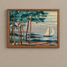 Cuadro vintage bordado en lana con velero y pinos