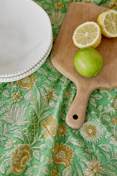 Mantel algodón verde block print Jaipur dobladillo
