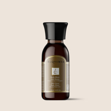 Body Elixir Anti-Stress de Alqvimia de 30 ml, en frasco oscuro con tapón negro sobre fondo beige.