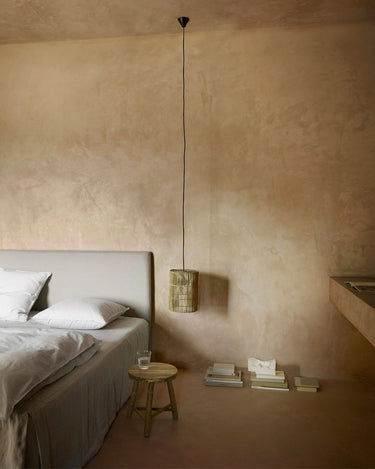 Sand-colored linen bed skirt by Tine K Home