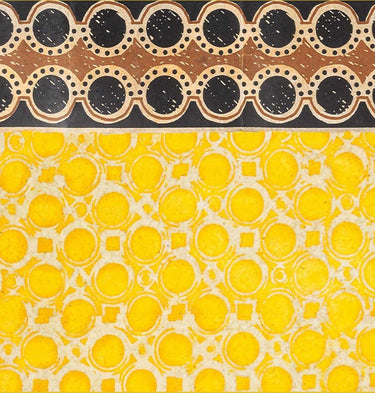 Friso Spotty Madagascar de papel de arroz en negro, ocre y crudo · 9 tiras de Le Monde Sauvage, combinado con papel amarillo estampado