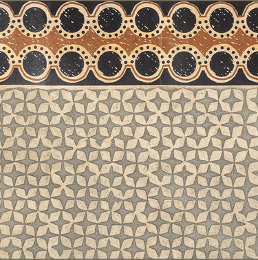Friso Spotty Madagascar de papel de arroz en negro, ocre y crudo · 9 tiras de Le Monde Sauvage, combinado con papel de figuras geométricas