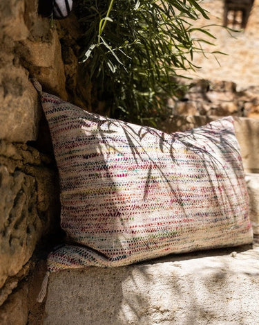 Caravane cotton and silk cushion cover with multicolored pompoms