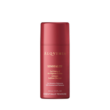Gel de higiene íntima natural de ALQVIMIA: envase rojo con tapa, sobre fondo blanco.