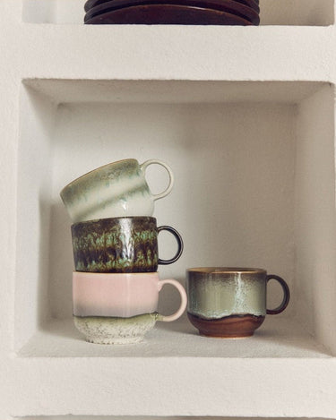 70s style stoneware tea cup set by HK Living in a kitchen arrangement