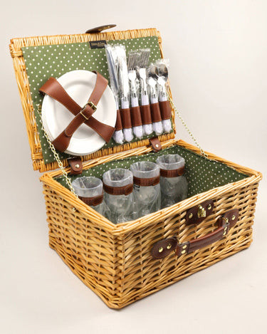 Cesta de Mimbre Clásica para Picnic de 4 Personas con Utensilios y Platos