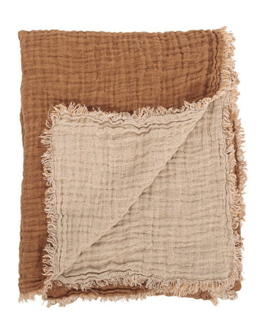 Plaid de lino gofrado bicolor reversible con flecos suave