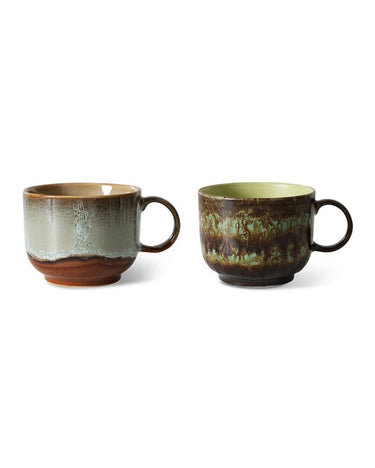 Tazas de té 70s Odyssey cerámica esmaltado marrón y verde