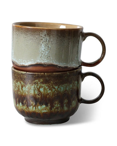 Tazas de té 70s Odyssey cerámica esmaltado marrón y verde