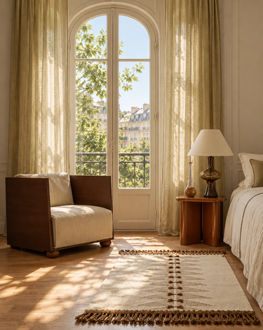 Dormitorio de luz natural con alfombra artesanal, textiles claros y mobiliario de Matuta Home