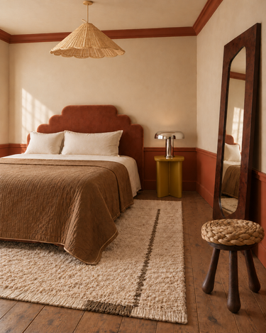 Recreación de dormitorio en tonos terracota con cabecero de terciopelo, mesita Garance, lámpara cromada, pantalla de ratán, espejo Folia y taburete vintage.